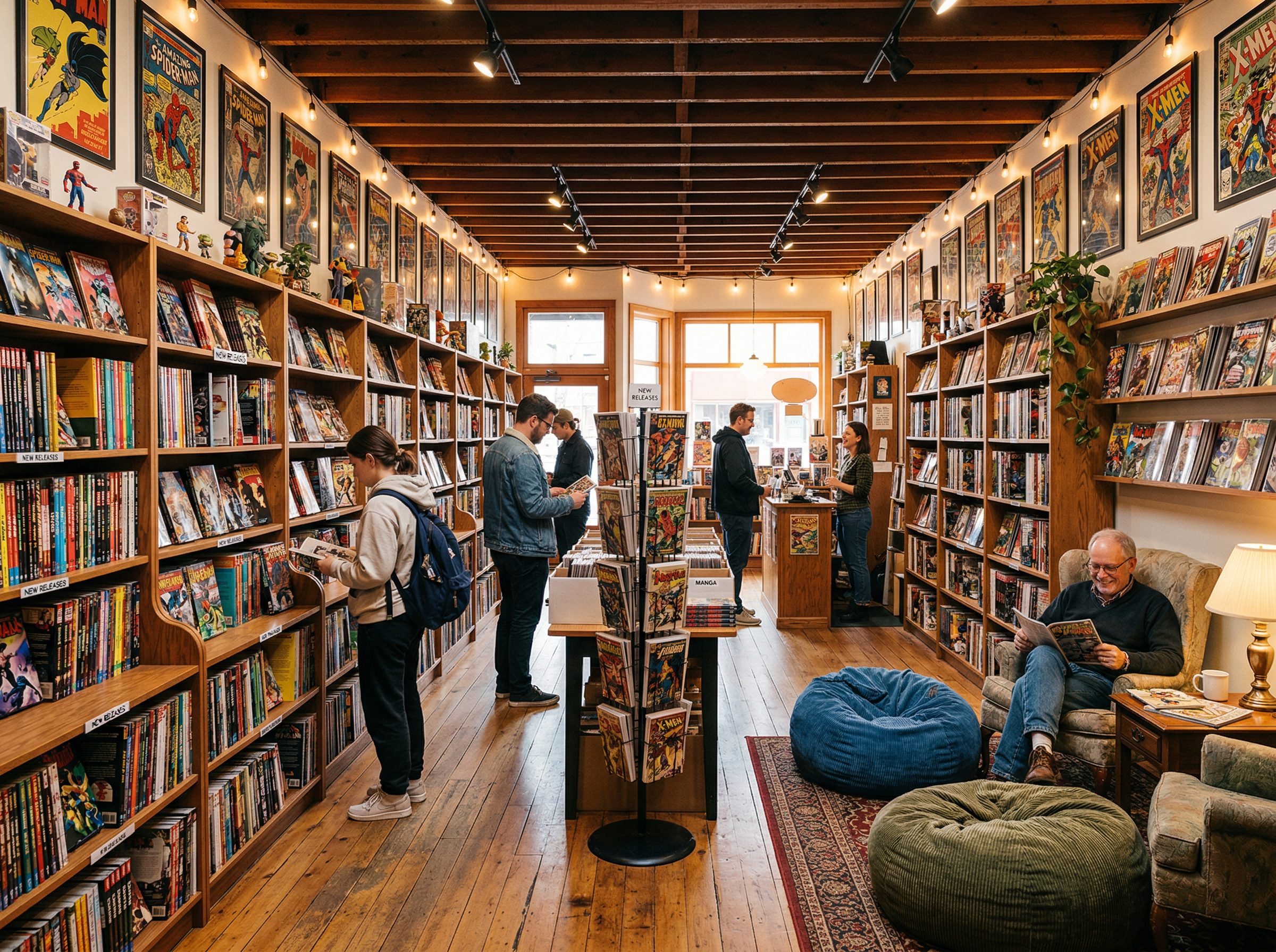 Cozy comic book shop interior with customers browsing shelves