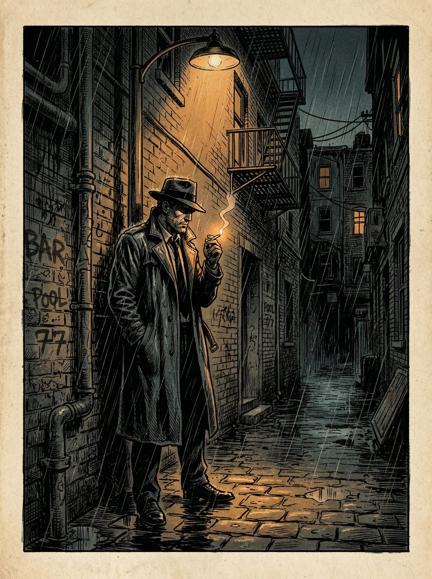Noir detective comic art of a mysterious figure in a rainy city alley