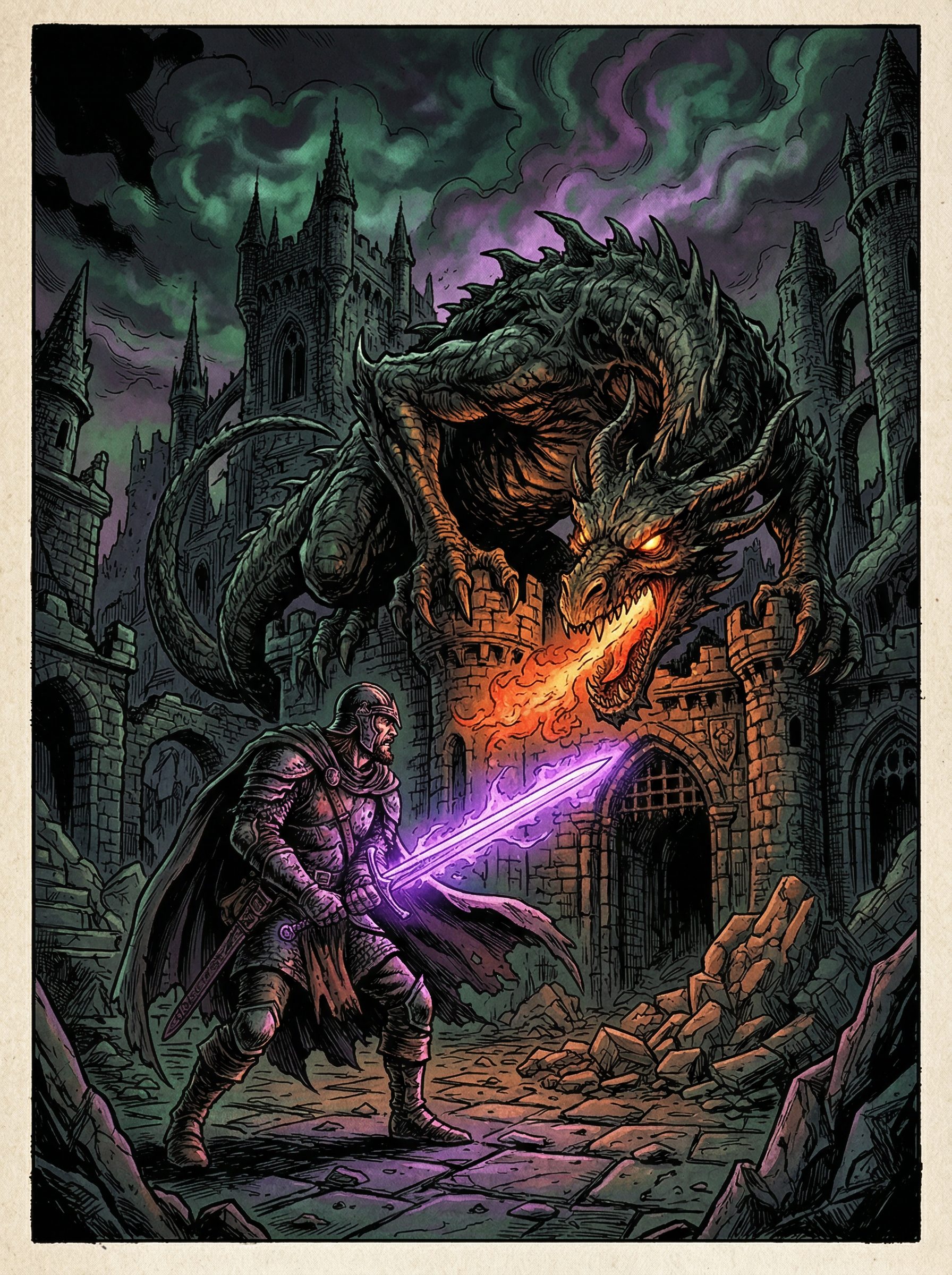 Dark fantasy comic art with a warrior fighting a dragon