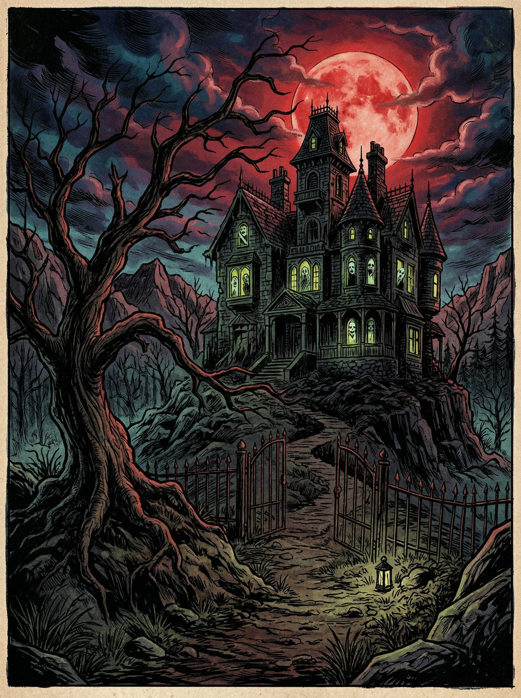 Horror comic art featuring a haunted Victorian mansion under a blood-red moon