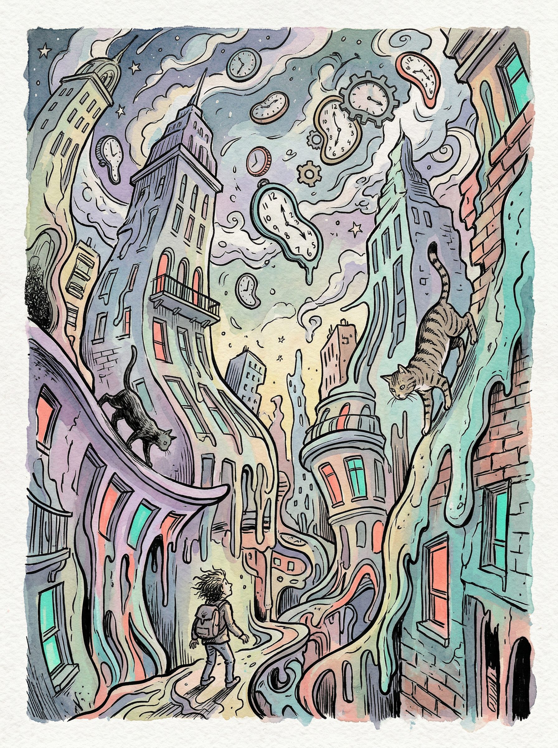 Surreal watercolor cityscape with melting buildings and floating clocks