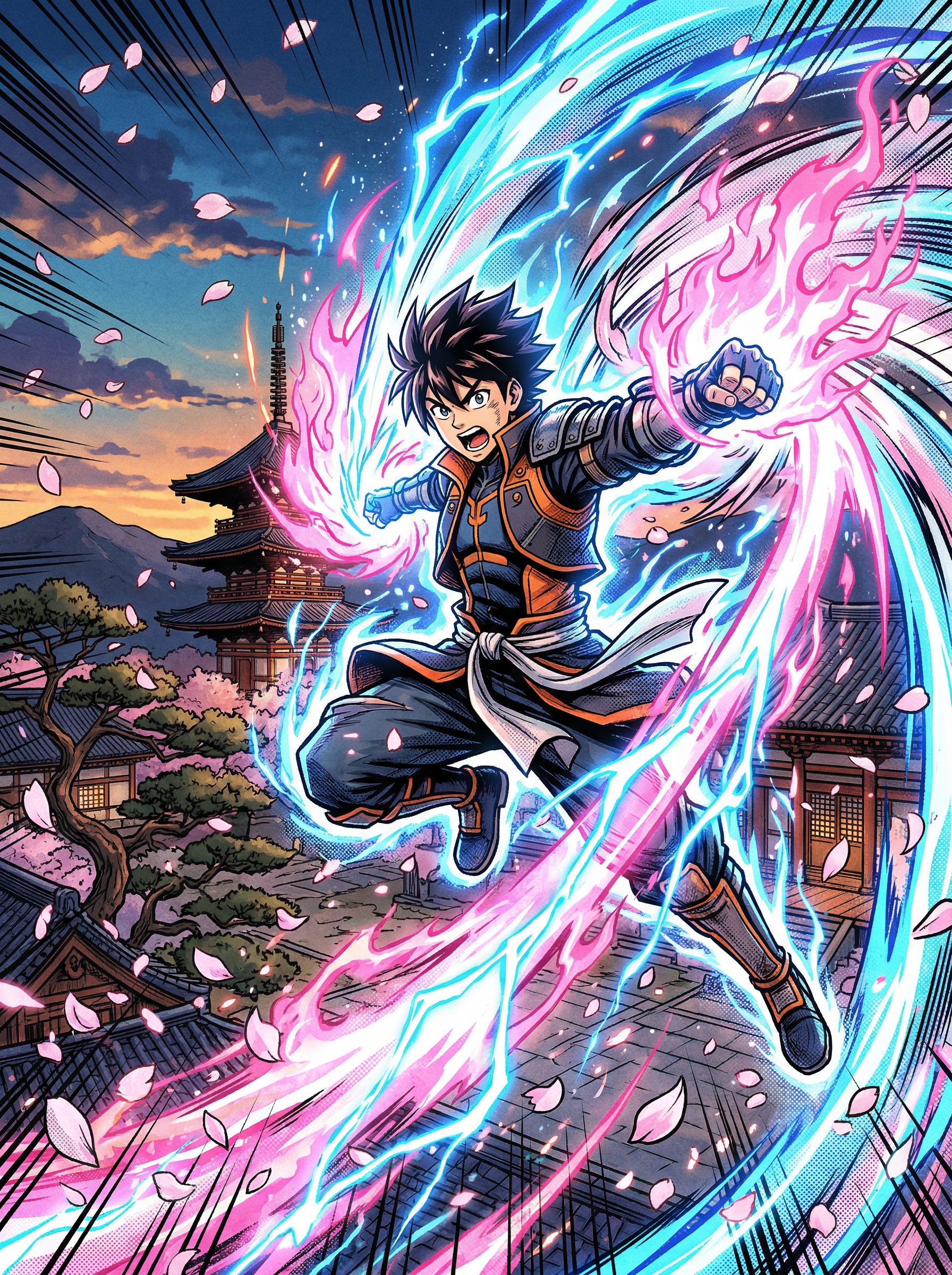 Manga-style illustration of a young hero with elemental powers