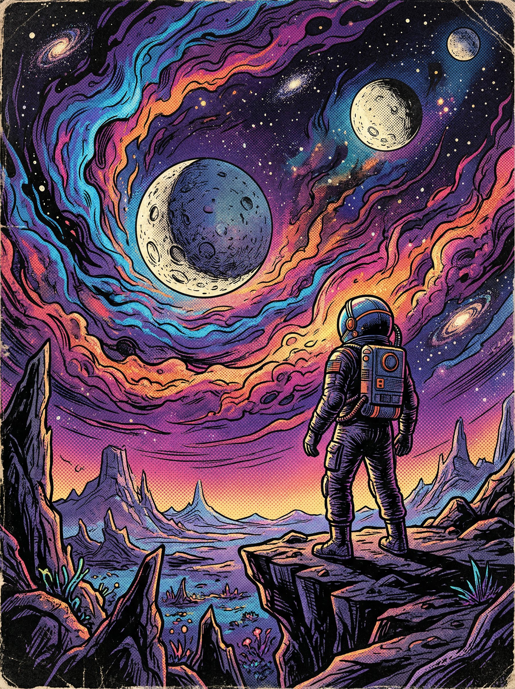 Science fiction comic art with an astronaut exploring an alien planet