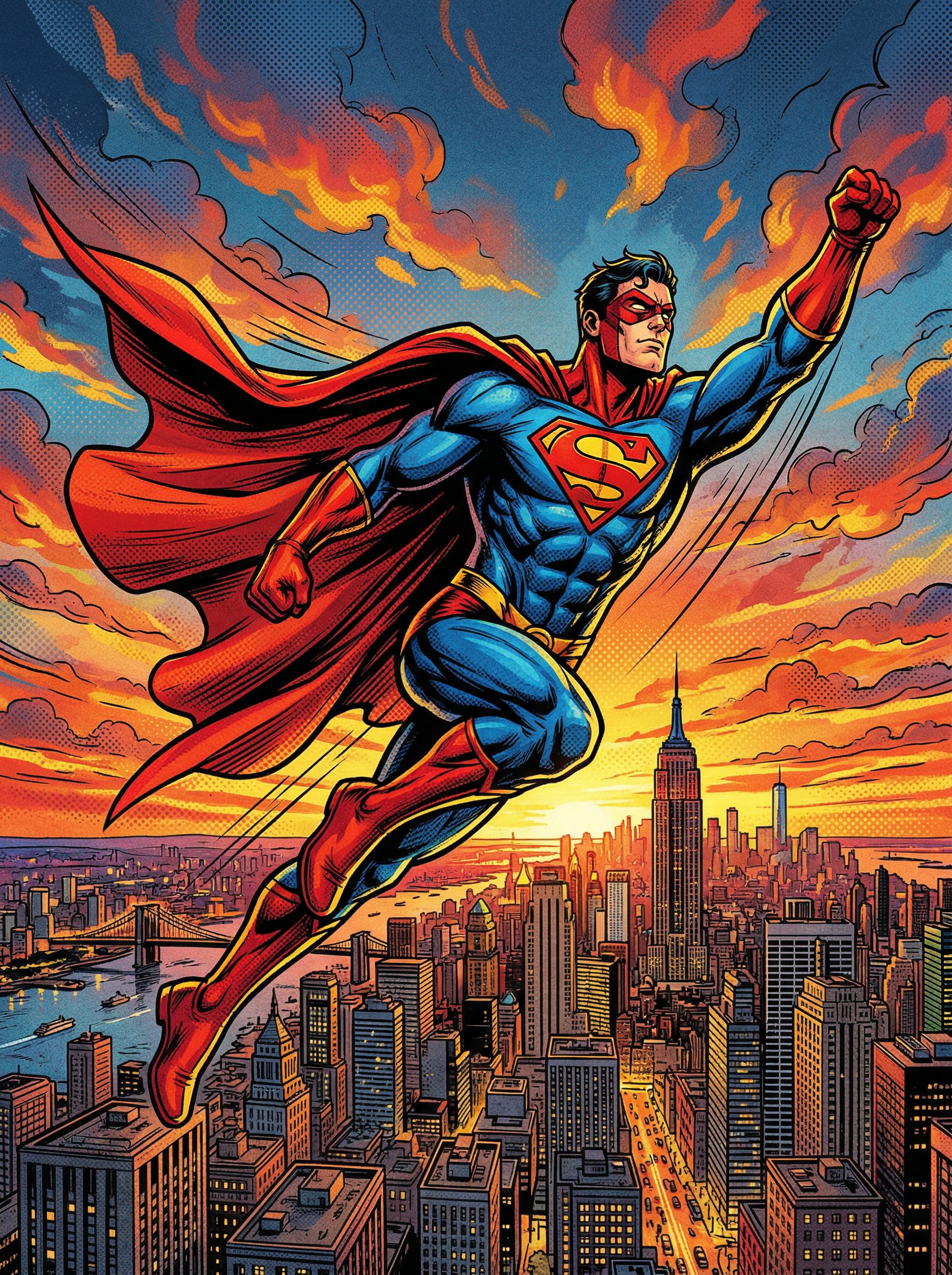 Superhero comic book featuring a caped hero flying over a city skyline
