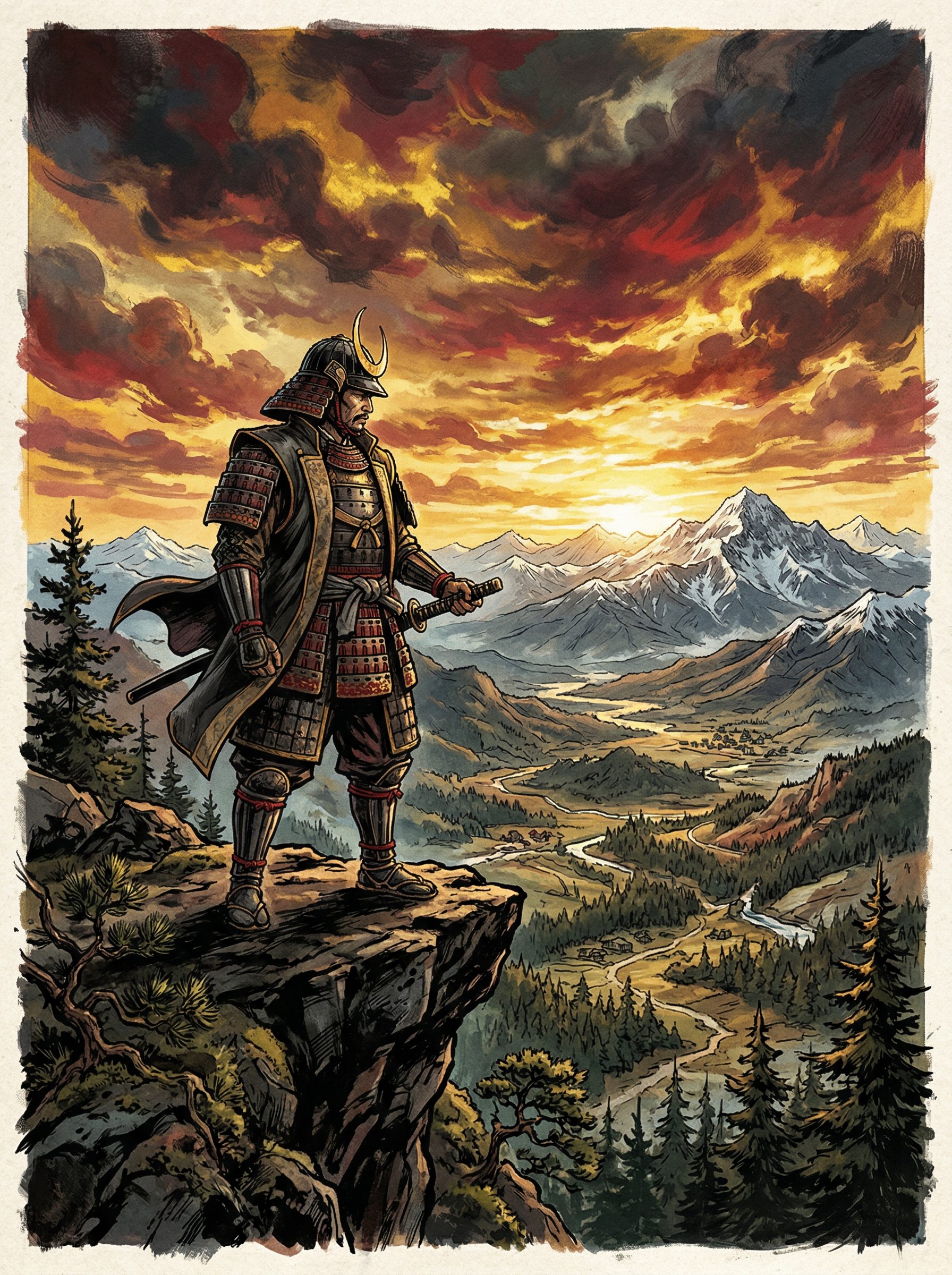 Featured graphic novel cover art of a samurai overlooking a mountain landscape