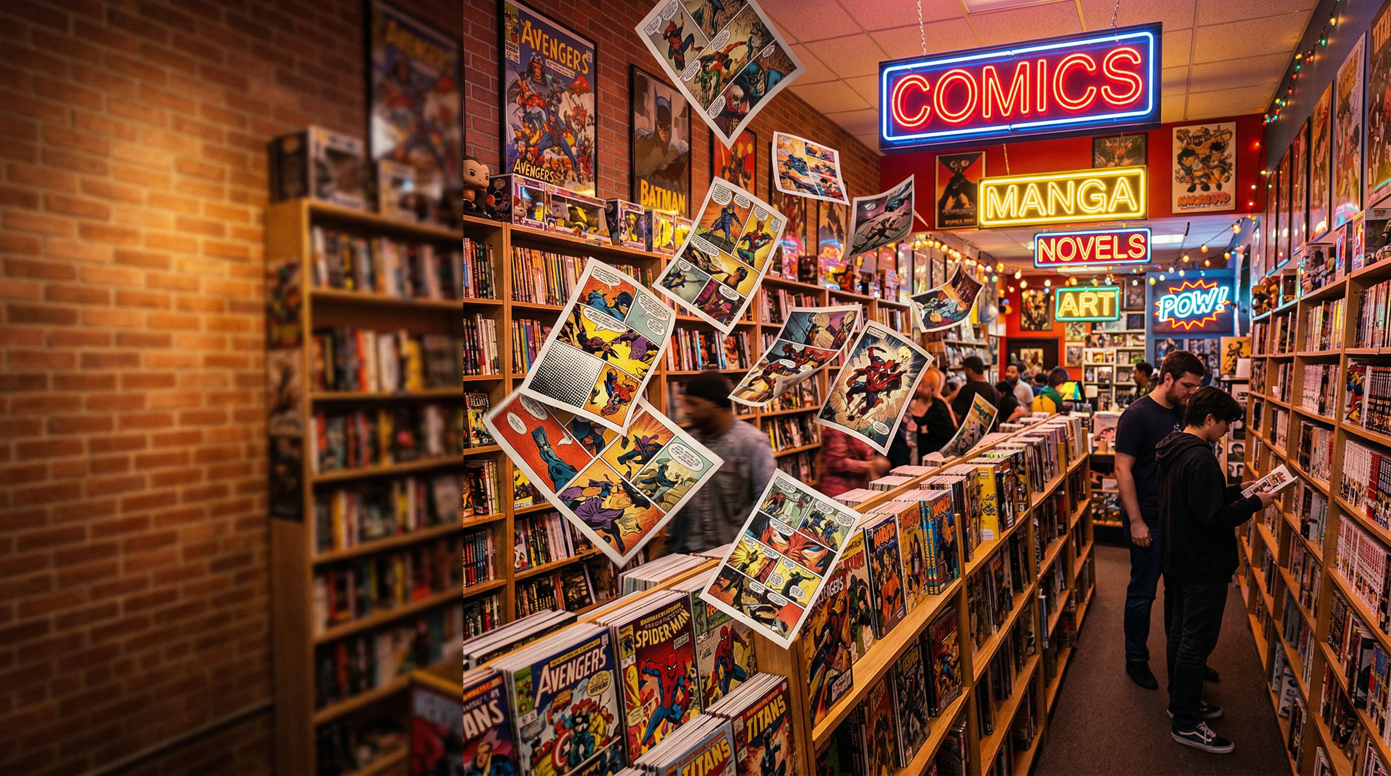 Interior of the comic book shop with shelves of comics and neon signs