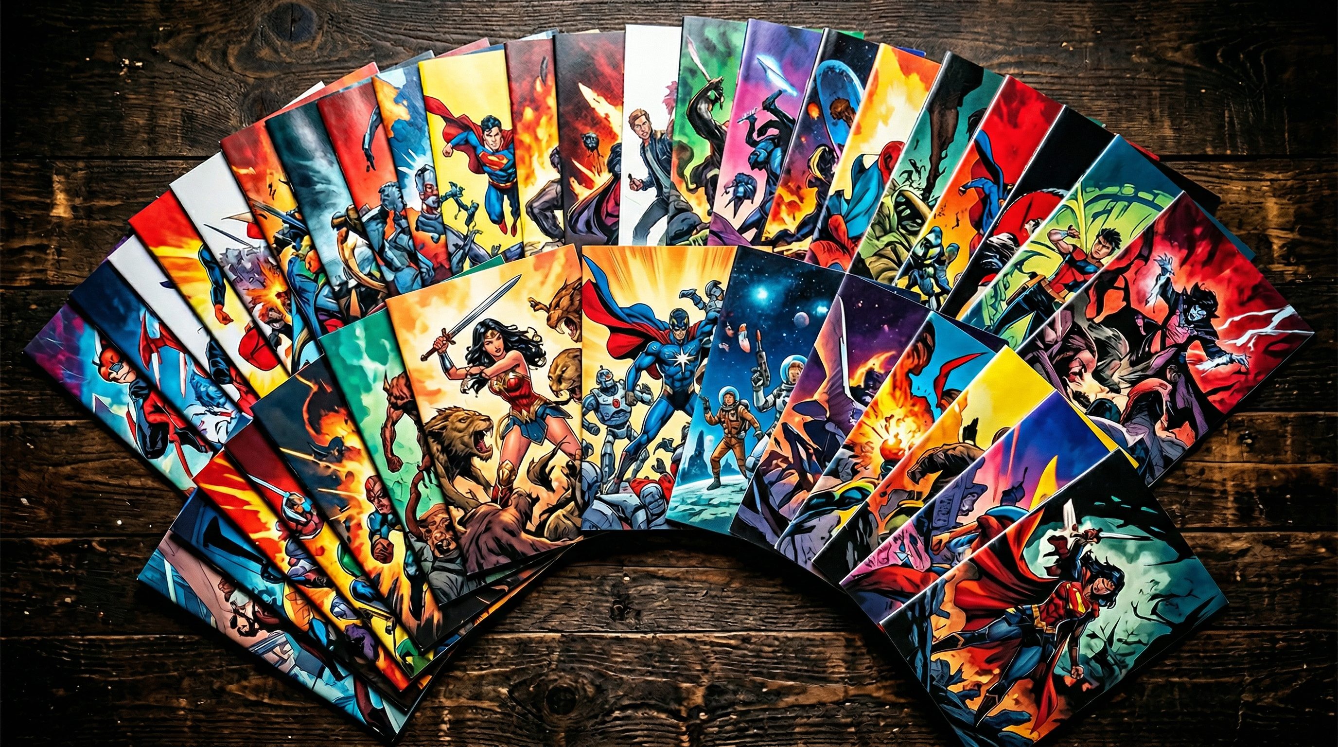 Fan of newly released colorful comic books displayed on a dark surface